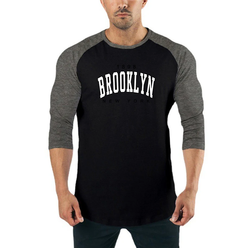 1898 Brooklyn New York City Printed Tops Cotton Slim Fit Three Quarter Sleeve T-Shirt Gym Fitness Bodybuilding Men\'s Sport Shirt