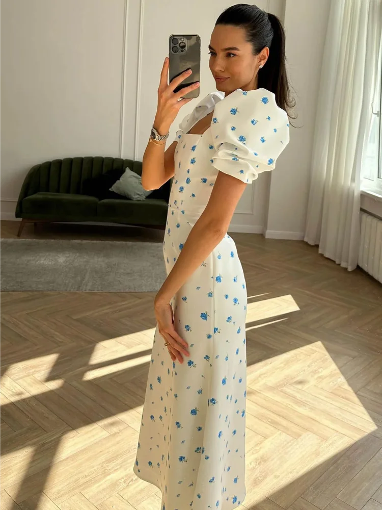 

Розовое платье миди с цветочным принтом, пышными рукавами, квадратным вырезом, драпировкой на талии, облегающее, с подолом «русалка», для женщин, летнее, для вечеринок, 2026