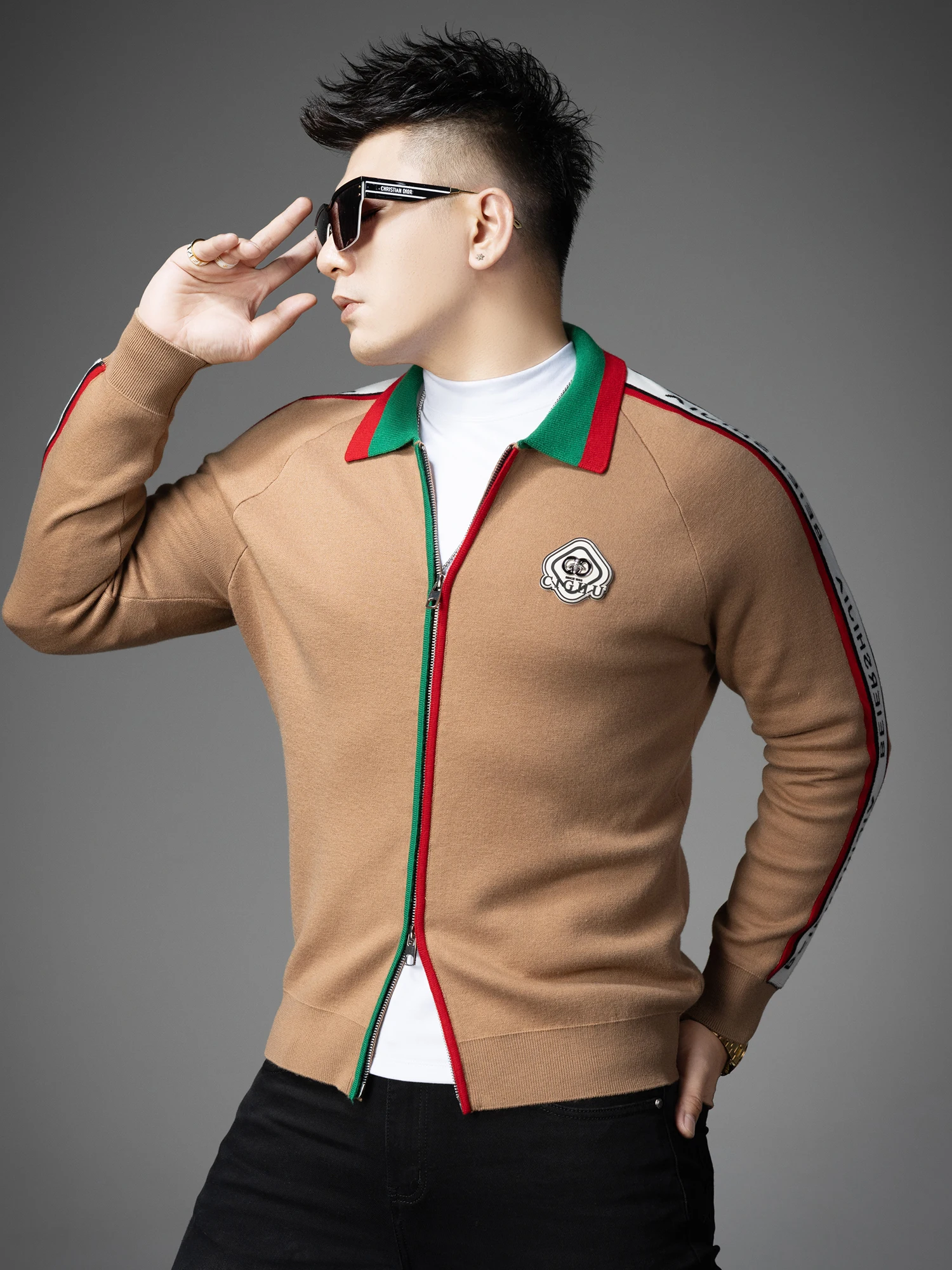 

Мужской вязаный шерстяной свитер-куртка на молнии с отложным воротником, новый дизайн, весна-осень, модный городской стиль, длинный рукав