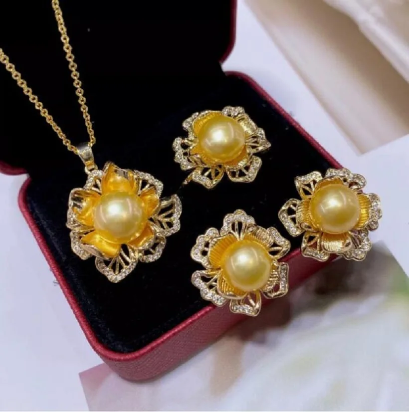 Gorgeous AAAA 9-10mm Nanhai golden round pearl+pink. Pendant earrings ring set 18in