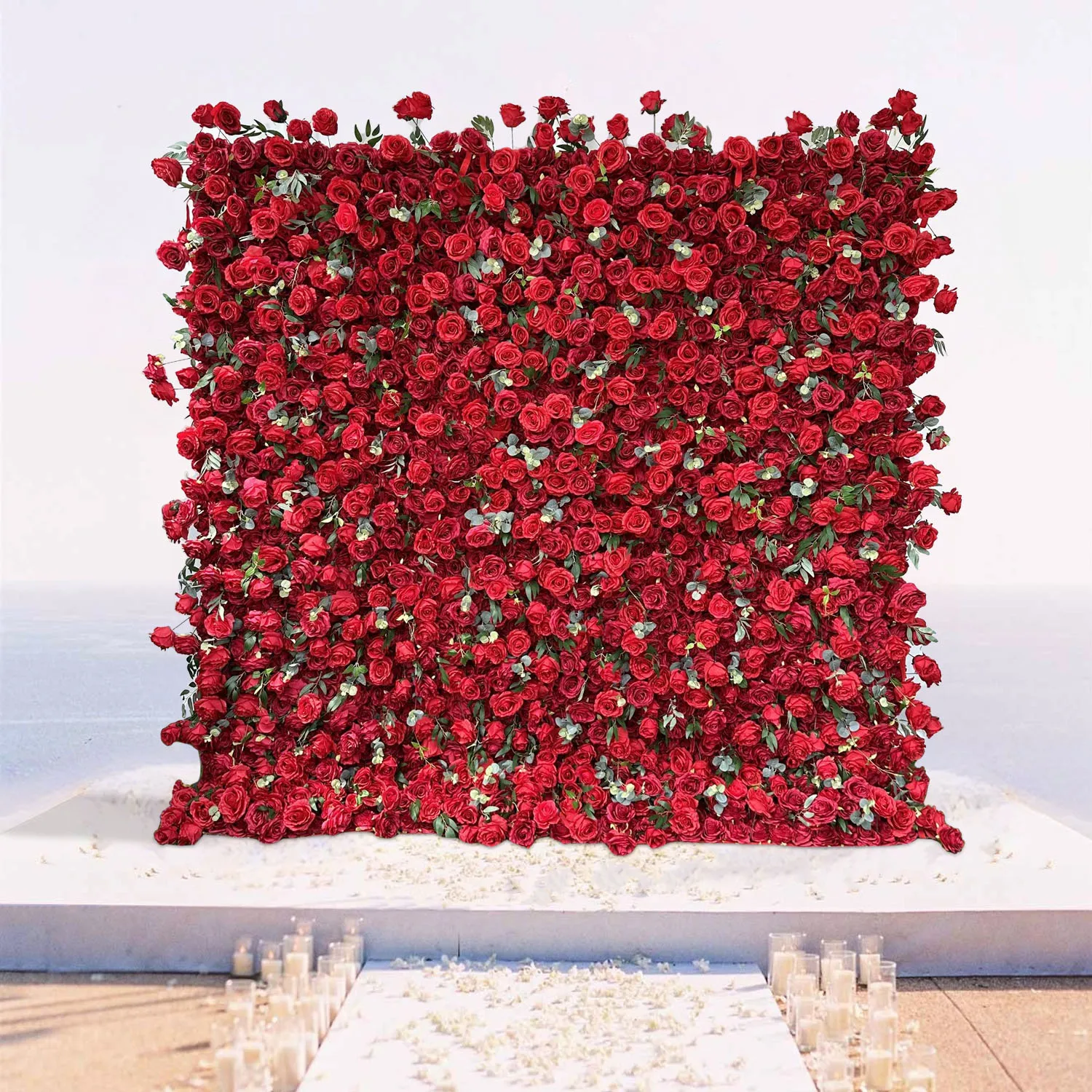 Uflower Custom luxury 3D red rose green leaf roll fabric artificial plant flower wall outdoor wedding background scene decor