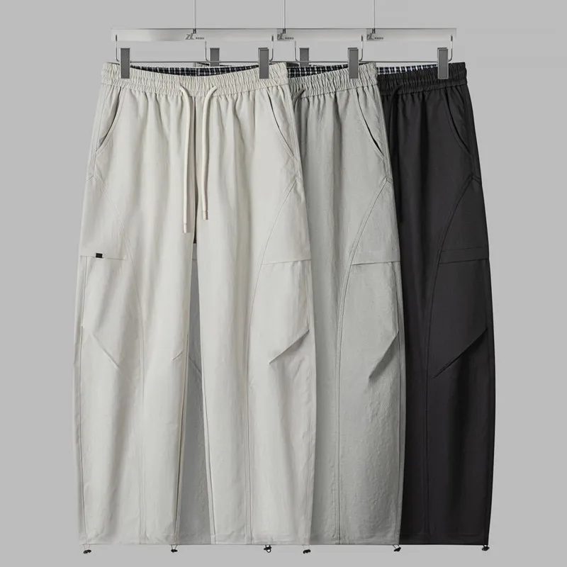

Men's Korean Style Loose Fit Cargo Pants Straight Wide Leg Work Pants Streetwear Outdoor Multi-Pocket Drawstring Casual Trousers