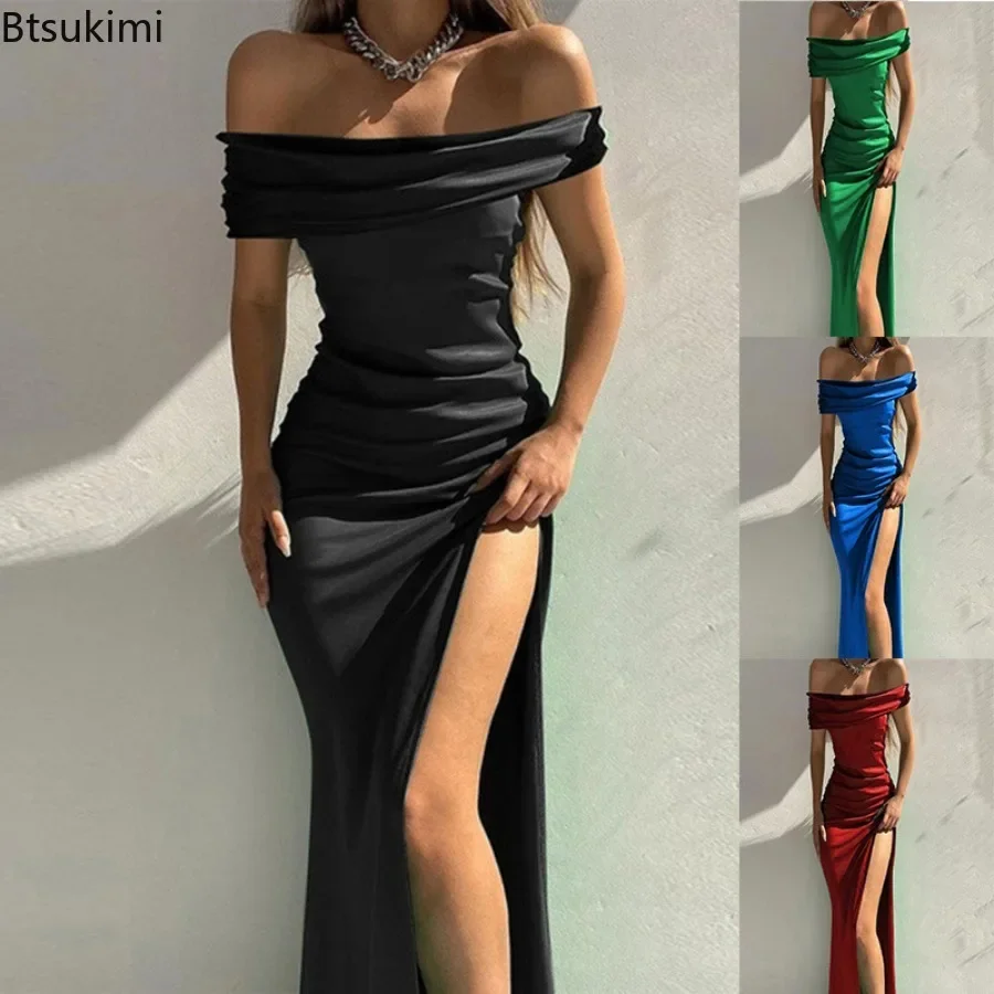 2024Ladies Elegant Party Dresses Solid Slash Neck Side High Slit Long Dresses Female Formal Satin Ruffle Ankle-Length Prom Dress