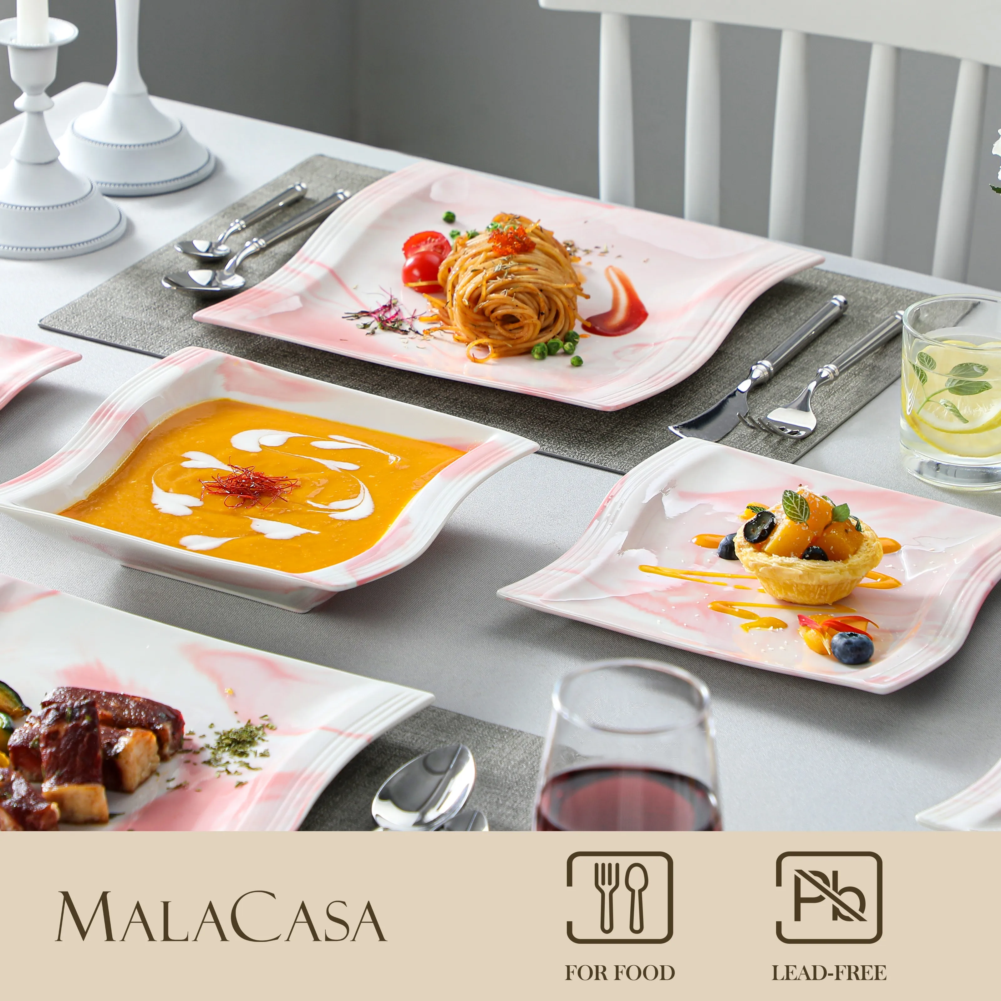 Imagem -03 - Malacasa-louça de Porcelana Design de Mármore Rosa com Jantar Sobremesa Prato de Sopa Xícaras e Pires Duas Cores Opcionais 30 Peças