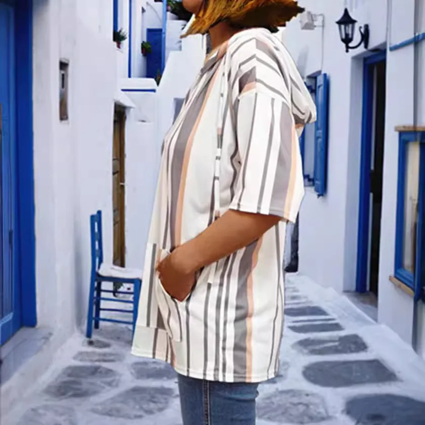 تي شيرت Laid-ba Loose Feeling للنساء ort Sve تي شيرت قاعدة منزلية irt ket بقلنسوة وسلسلة علوية غير رسمية