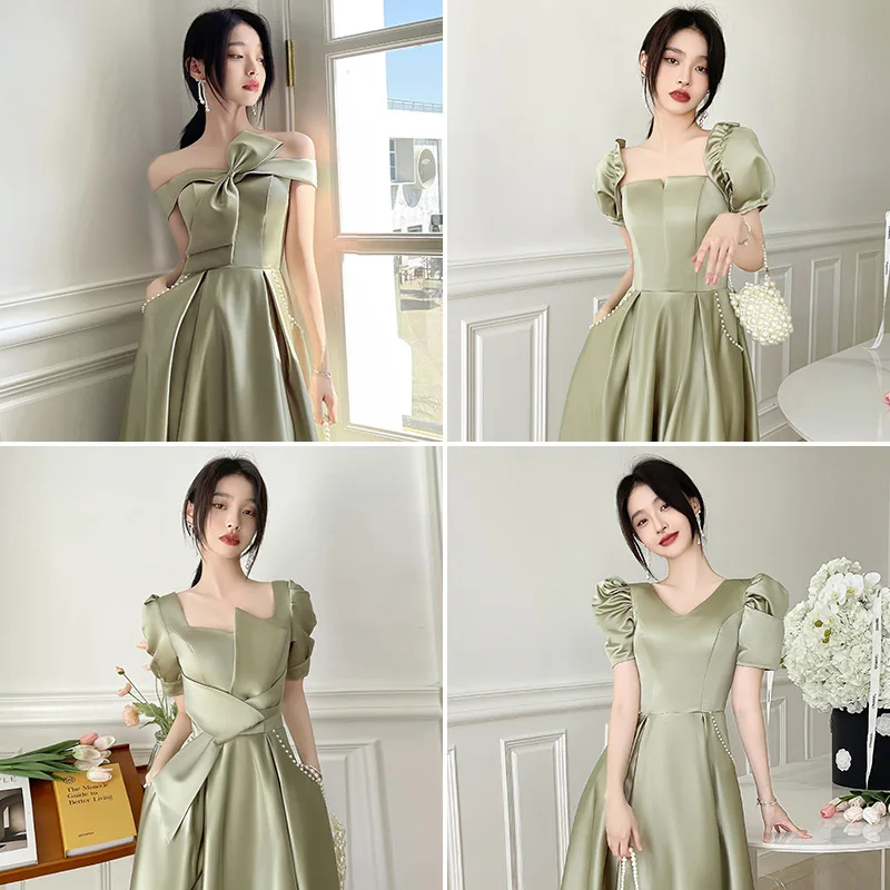 Green Bridesmaid Dresses 2022 New Luxury Satin Elegant Square Neck Short Sleeves Backless A-Line for Wedding Party Girls