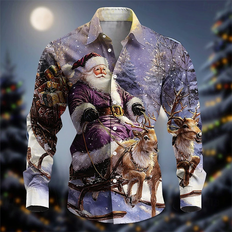 Christmas Theme Long Sleeve Shirts 3D Printed Painting Santa Claus Lapel Shirts Festival Casual Fashion Slim Streetwear Blouse