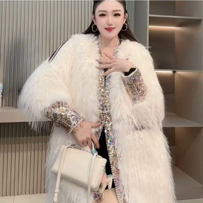 ใหม่ฤดูใบไม้ร่วงฤดูหนาวแฟชั่นขายดี Heavy-Duty หนัง Faux FUR Sequins Stylish หนาอ่อนเยาว์จับคู่กับพู่