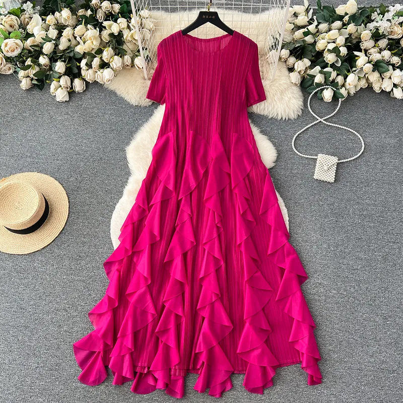 

Short sleeved dress for women with summer ruffled pleated Design high-end super immortal long Dress vestidos casual elegante