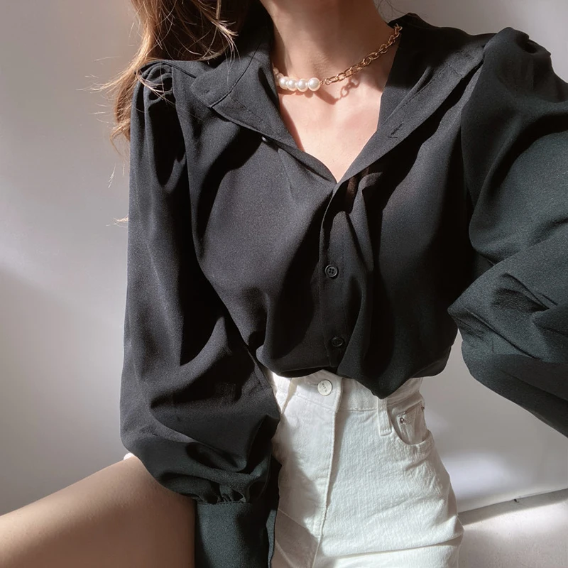 

Chic Casual Loose Women's irt Lantern Sve Turn-down Collar Single Button Faionable Purple for Autumn Versatile Top