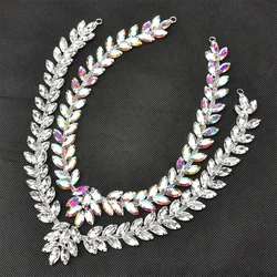 Rhinestone Wheat Ears Chain Trim V-shaped Crystal Leaf Applique for Collar Decoration Sew on Wedding Dress Belt Embellishment