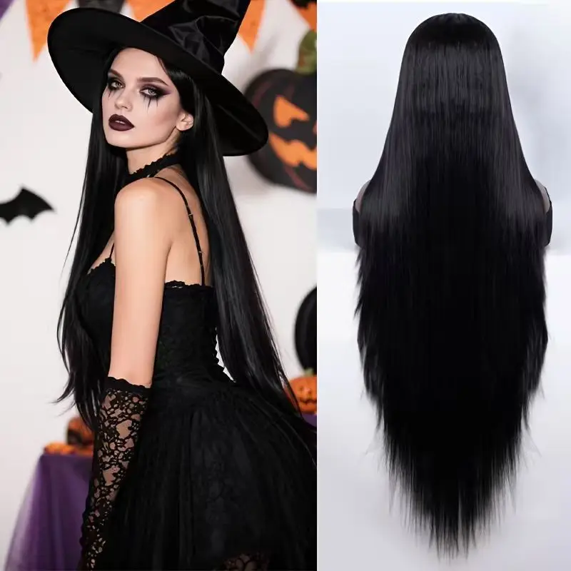 SQRDGQ Long Straight Hair Synthetic Wig Female 34inch Long Black Wigs For Woman Halloween Wigs Woman Cosplay Wig Middle Part