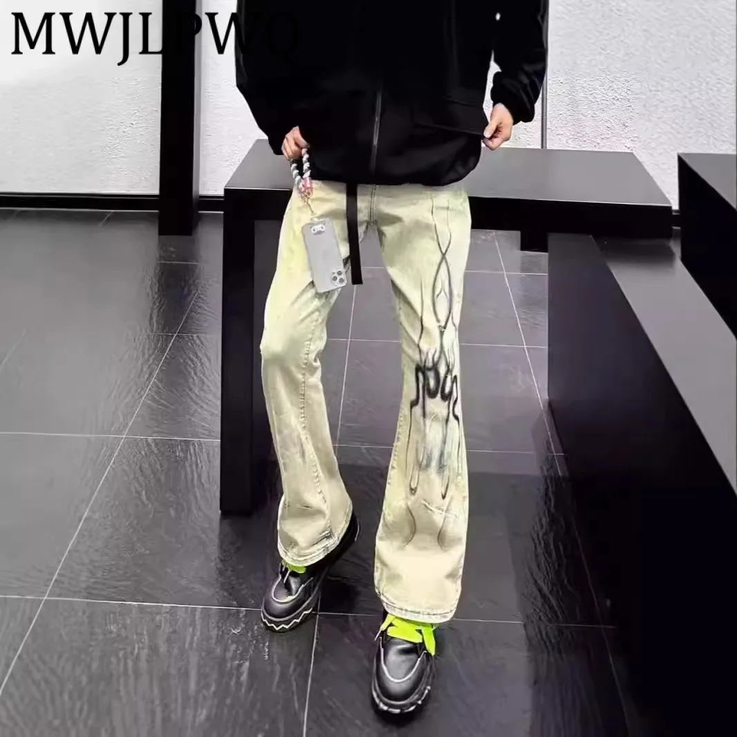 

MWJLPWQ Модные джинсы High Street желтого цвета, окрашенные в грязью для мужчин, потертые дизайнерские брюки, облегающие прямые расклешенные брюки, осень 12088.