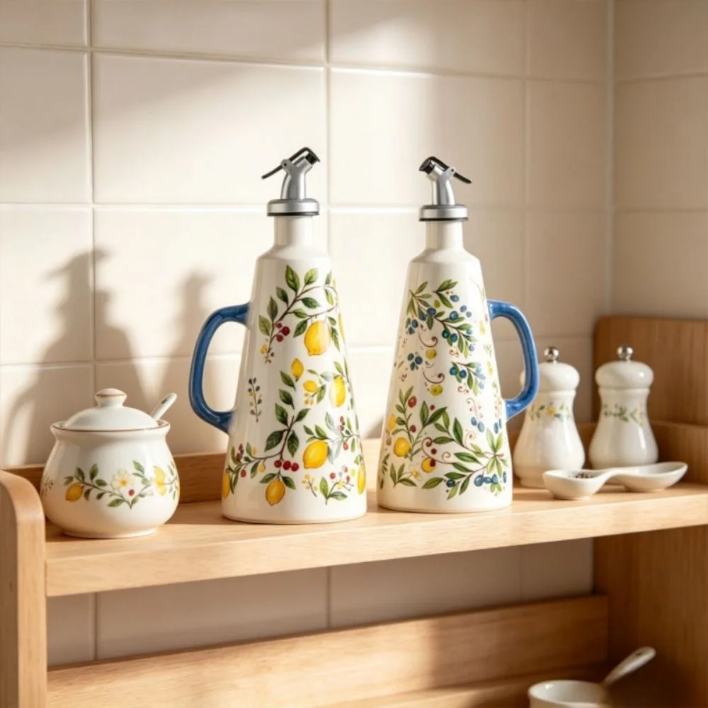 Automatic Pouring Ceramic Oil Bottle Cone-shaped Floral Vinegar Condiment Container No Drip Underglaze Embossed