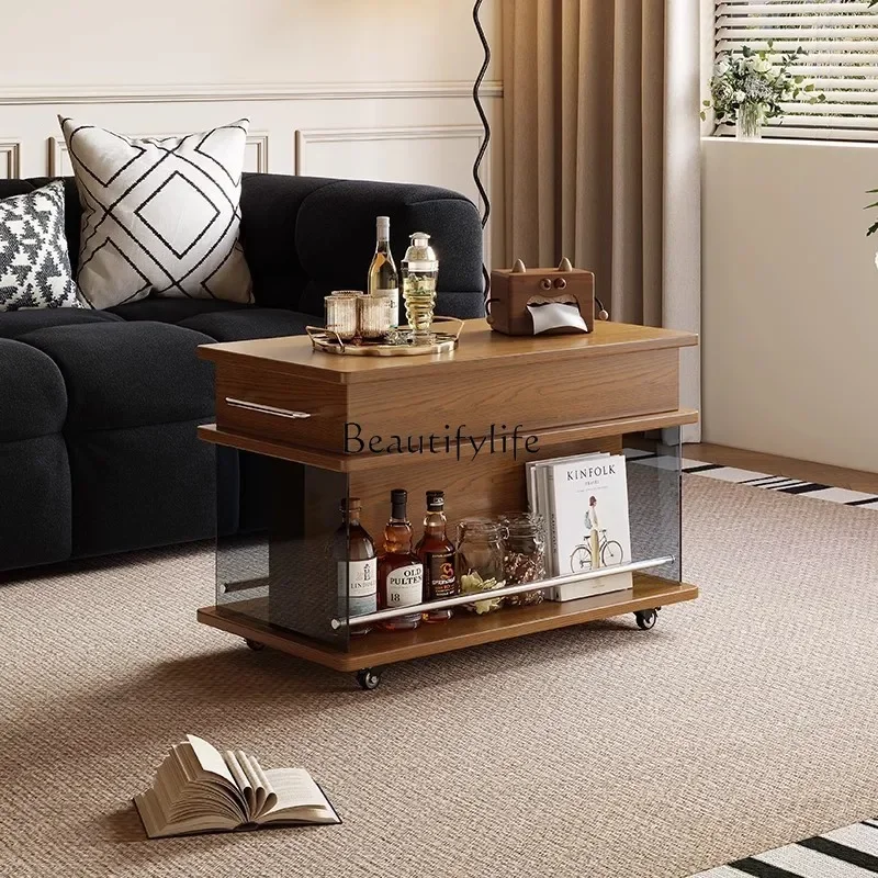 

LJY*Movable solid wood coffee table Balcony creative side cabinet Lifting multi-functional side table