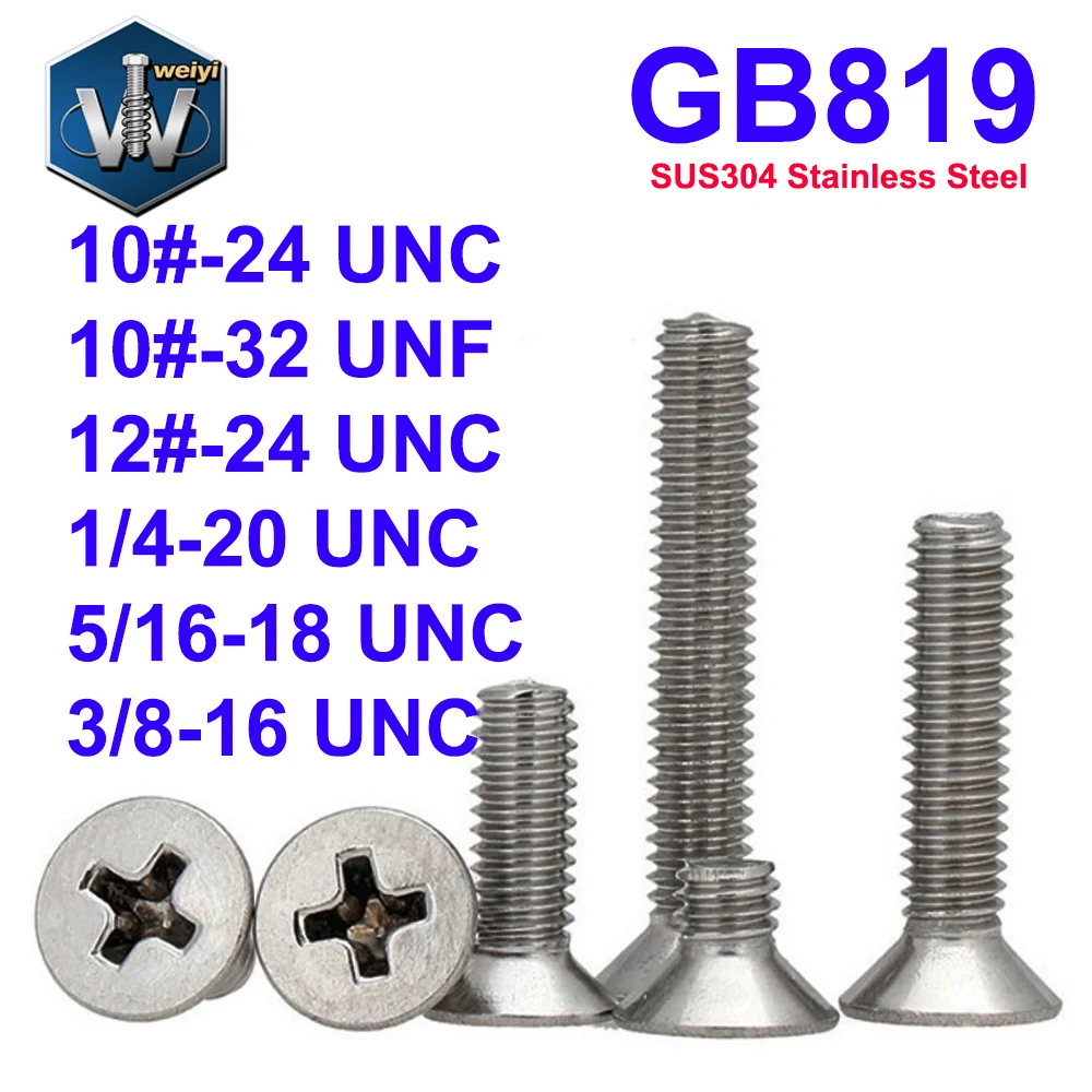 

Weiyi GB819 10# 12#-24 1/4-20 5/16-18 3/8-16 UNC UNF SUS304 Stainless Steel Cross Recessed Phillips Countersunk Head Screws