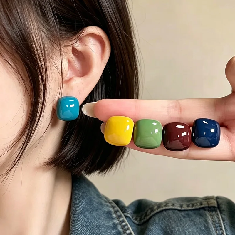 Earrings Candy Color Square Rounded Glossy Plain Minimalist Stud Women Girls Office Commute Lightweight Acrylic Alloy Small