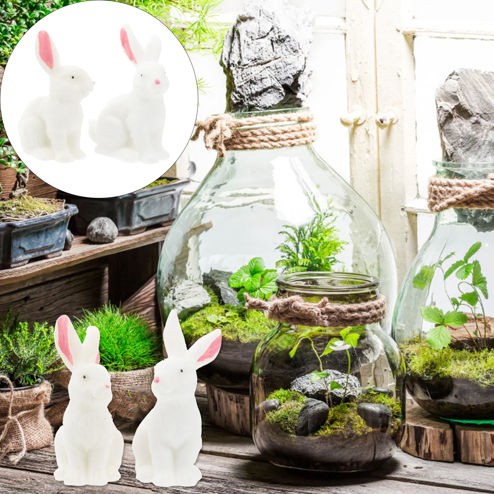 

2Pcs Mini Rabbit Bonsai Decor Small Landscape Ornament for Succulent Plant Arrangement Desktop Garden Accessory White
