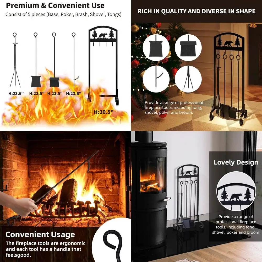 

Набор инструментов для камина с рождественской тематикой животных 30,5: кованое железо из 5 предметов с подставкой