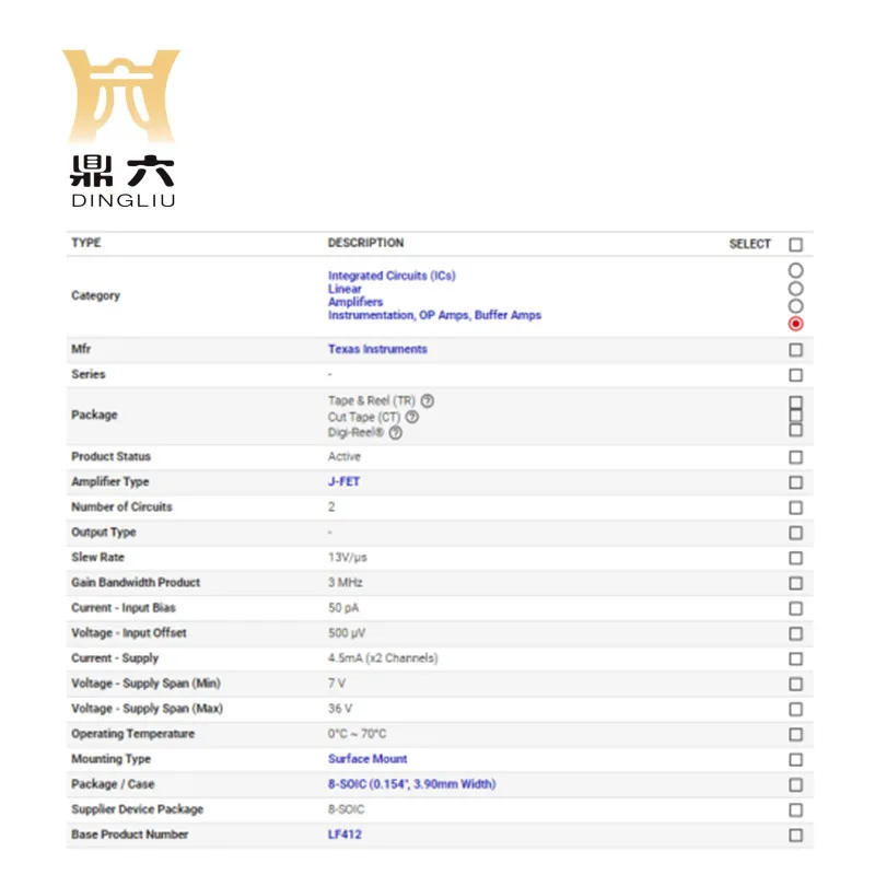 Amplificateur OPAMP JFET 2 CIRCUIT 8SOIC LF412CDR