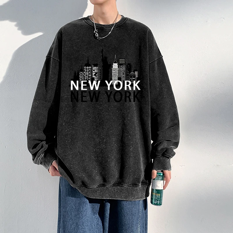 Sweat-shirt en coton lavé à manches longues et col rond pour hommes, impression de paysage de la ville de New York, vêtements de sport doux Hip Hop, DistMurcia, chaud, automne