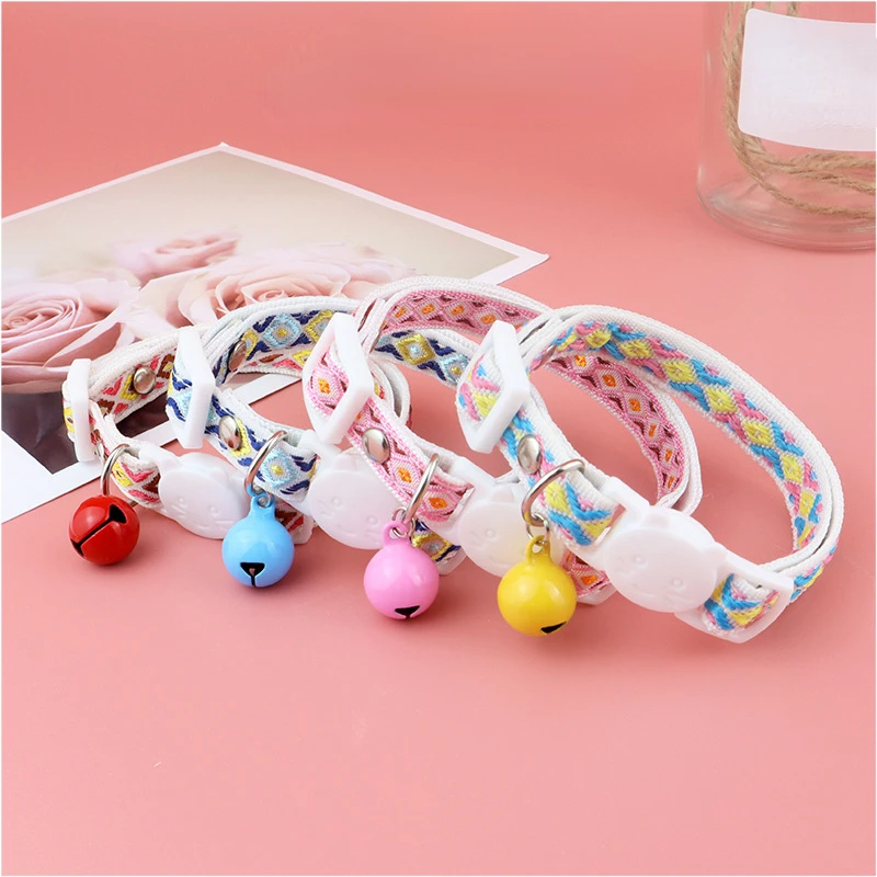 Pet Supplies Cat Collar Anti-choking Collar Cat Face Buckle Ethnic Jacquard Cat Collar with Bell Adjustable Safety Necklace