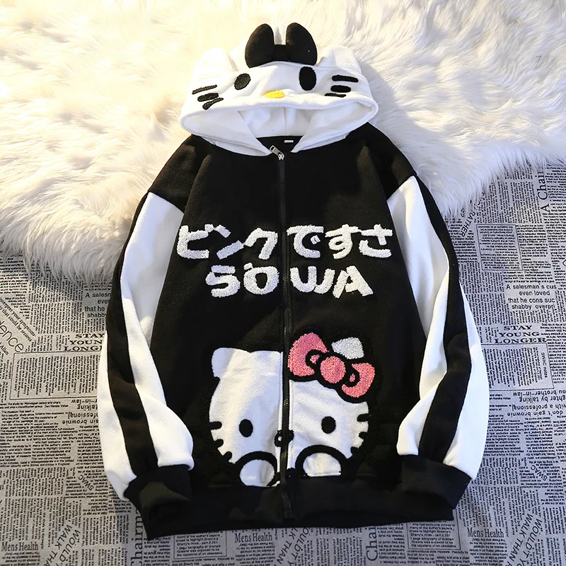 Sanrio Hello Kitty Zip Hoodie Girl Loose Cardigan Coat Streetwear WomenClothes OversizedSweatshirt Cardigan Plush Jacket Sweater