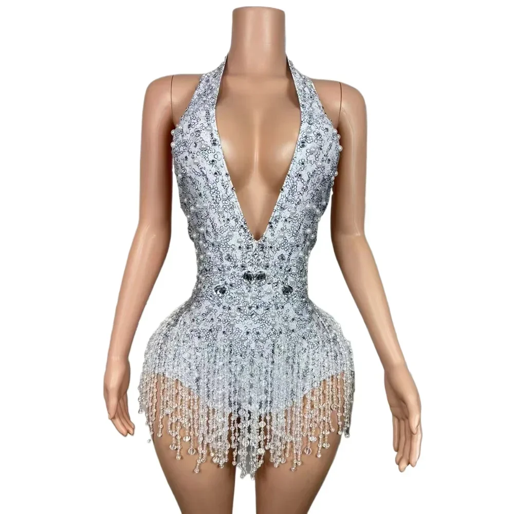 Sparkly Rhinestones Pearls Fringes Bodysuit Dancer Stage Wear Club Outfit Sexy Deep V Neck Backless Performance Dance Costume