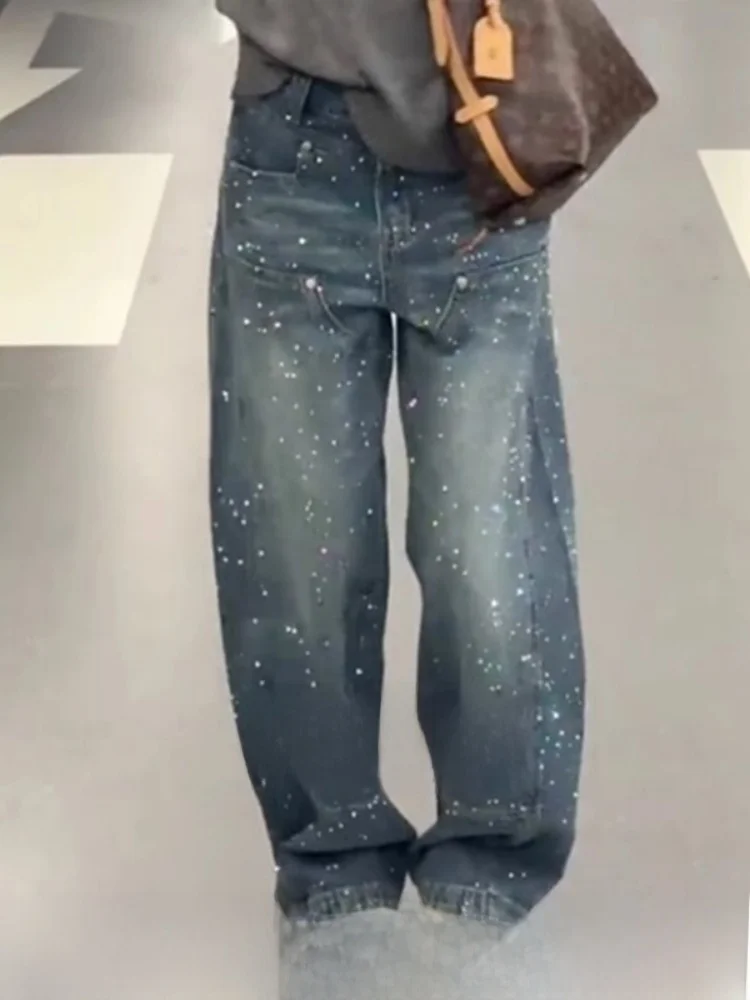 Injet lantejoulas embelezadas pesadas du denim jeans feminino casual perna larga até o chão calças de cintura alta perna reta jeans