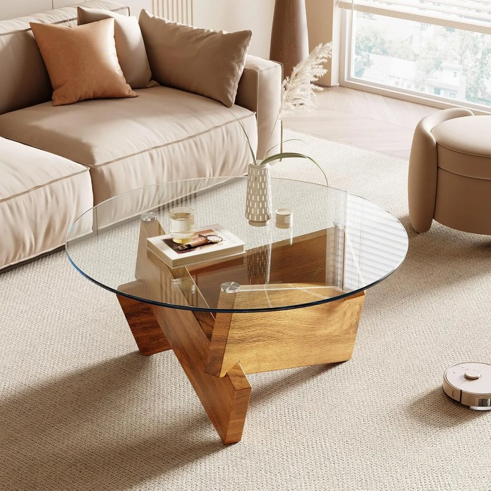 

Круглый журнальный столик Morden, столешница из закаленного стекла размером 30,7 x 30,7 x 16,1 дюйма для гостиной, цвет: натуральное дерево