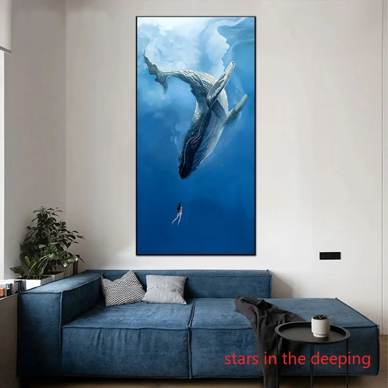 Abstract  Animal Whale and A Girl Blue In Deep Sea Ocean Waves Art Poster Canvas Painting Wall Print Picture for Room Home Decor