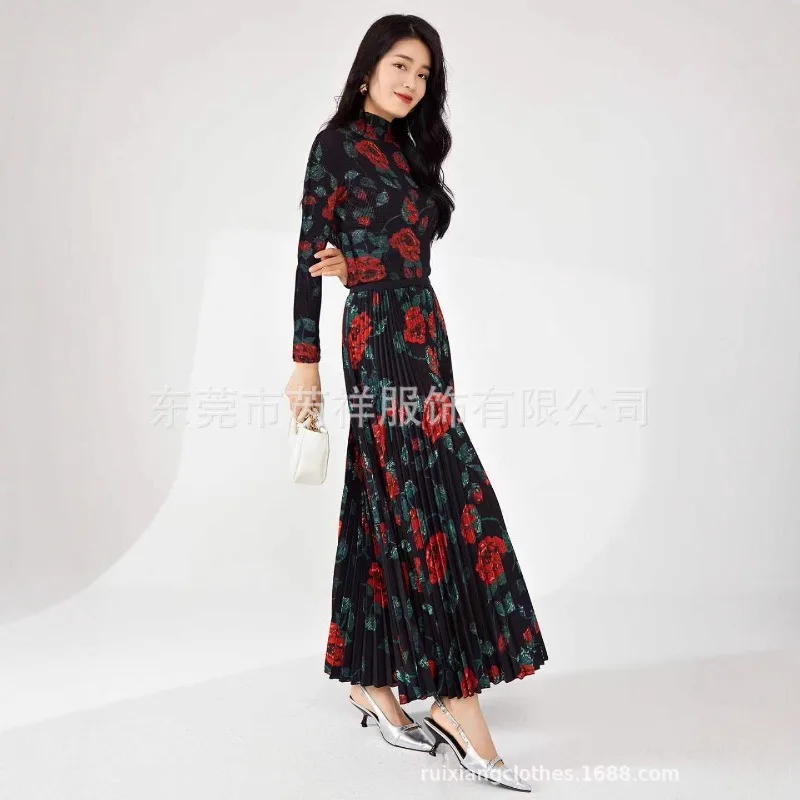 مياكي مطوي Plisse تنورة مجموعة 2026 ربيع جديد الطيات Jupe مجموعة الوفرة الوردية المطبوعة كبيرة الحجم المرأة أضعاف تنورة مجموعة