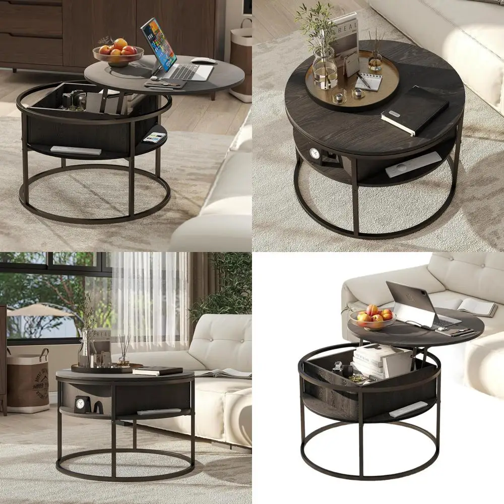 طاولة قهوة أنيقة قابلة للرفع، تخزين غرفة المعيشة مع حجرة مخفية، طاولة مركزية على طراز المزرعة من الخشب الأسود، ديسي حديثة