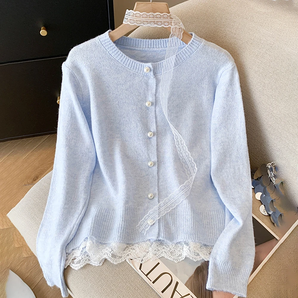 

French Lace Patchwork Knitted Cardigan for Women Autumn Winter Single Breasted Round Neck Knit Sweater Jackets Tops