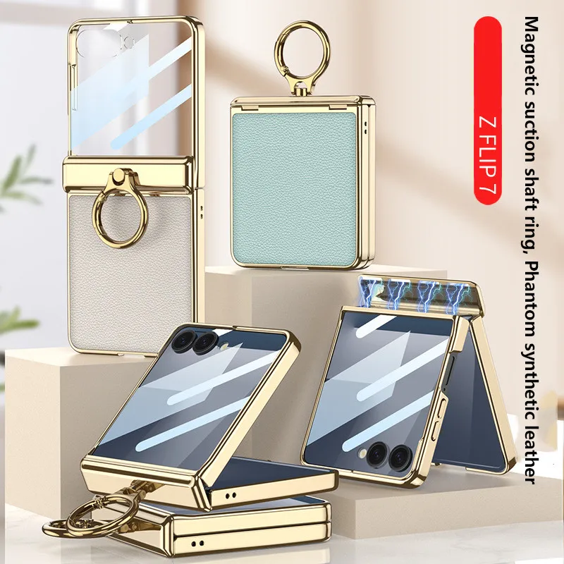 

Кожаный чехол с покрытием для Samsung Galaxy Z Flip7 ZFlip7, магнитный шарнир, кольцо-держатель, защитный чехол с защитной пленкой для экрана