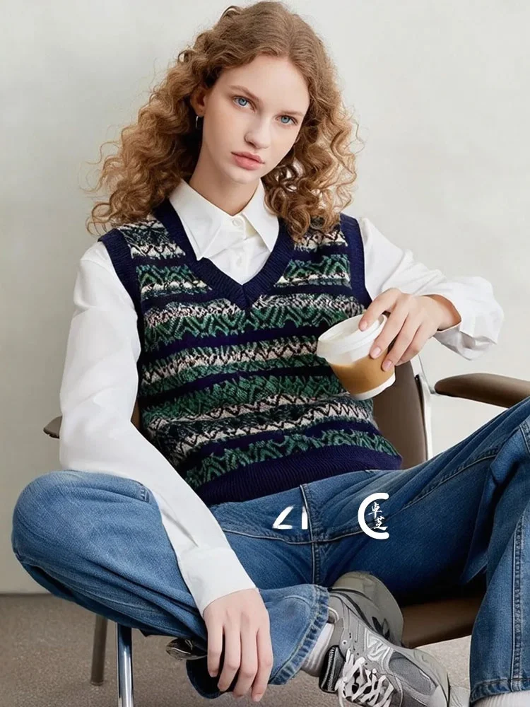 

Женский вязаный жилет Color Blo Fair Isle свободного кроя, повседневный, в стиле французского дизайна, из мягкой ткани, с V-образным вырезом, эластичный