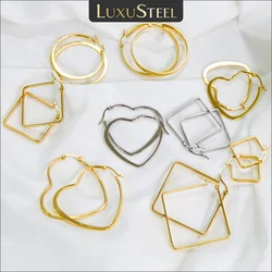 LUXUSTEEL Simple Geometric Stainless Steel Hoops For Women Small Large Round Square Heart Shape Metal Earrings Not Fade Jewelry