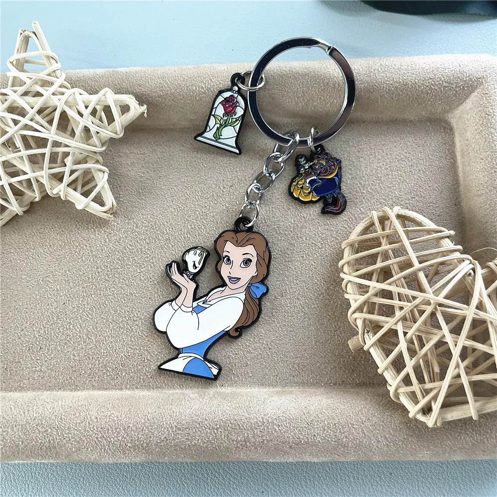 Disney Beauty and the Beast Princess Anime Cartoon Metal Keychain Gifts for woman girl