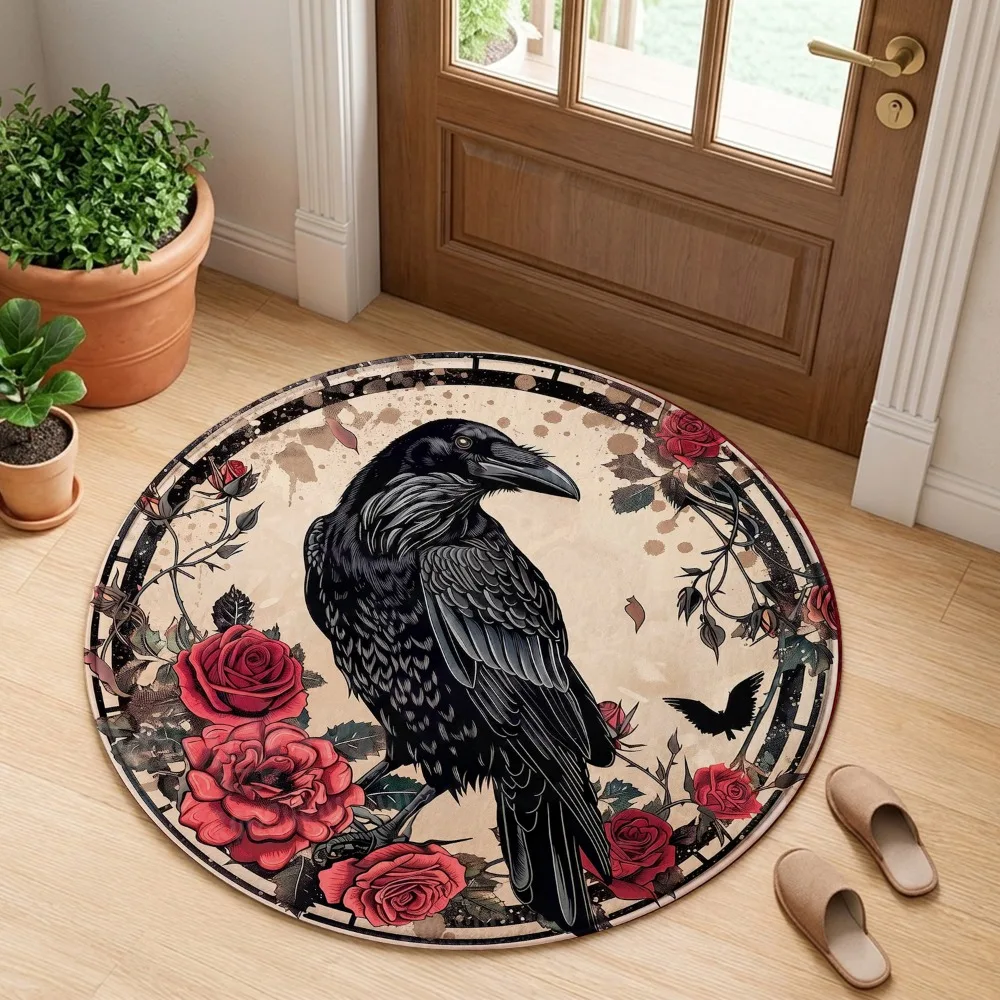 Gothic Black Crow Raven Red Rose Flower Vine Vintage Pattern Holiday Luxury Round Mat Elegant Area Rug Home Decor