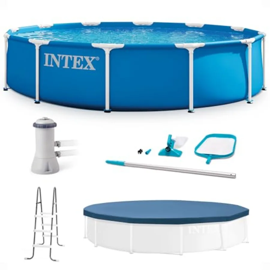 

12 Foot by 30 Inch Framed Above Ground Swimming Pool with 42 Inch Tall Ladder Maintenance Kit Vacuum Skimmer and Secure Vinyl P