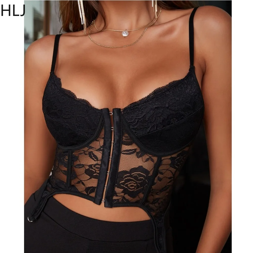 

HLJ Sexy Hot Girl Lace Perspective Slim Tank Tops Women V Neck Corset Backeless Bandage Tops Fashion Female Nightclub Clothing