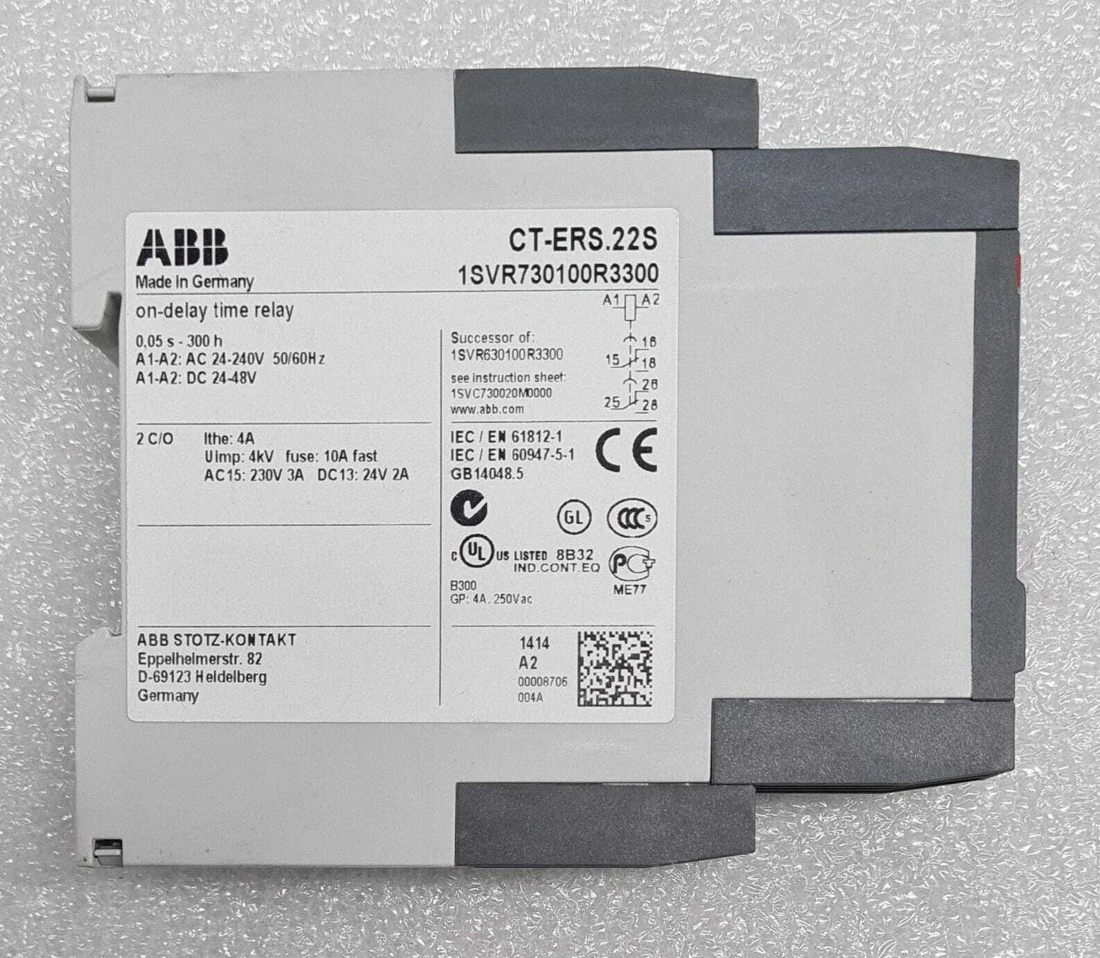 CT-ERS.22S,2c/o,24-48VDC,24-240VAC 10081684 1SVR730100R3300 Time relay, ON-delay 2c/o, 24-48VDC, 24-240VAC