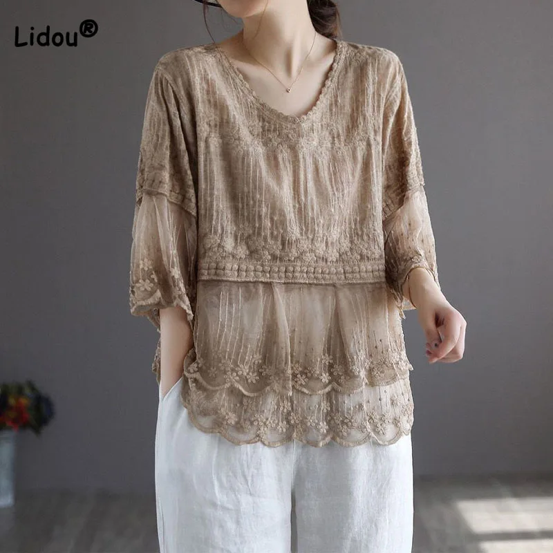 Elegant Fashion Women\'s Round Neck Lace Patchwork Tops Summer New Loose Casual Solid Color Half Sleeve T-shirt Female Clothing