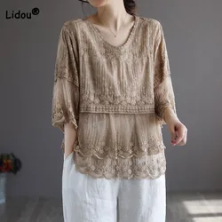 Elegant Fashion Women's Round Neck Lace Patchwork Tops Summer New Loose Casual Solid Color Half Sleeve T-shirt Female Clothing