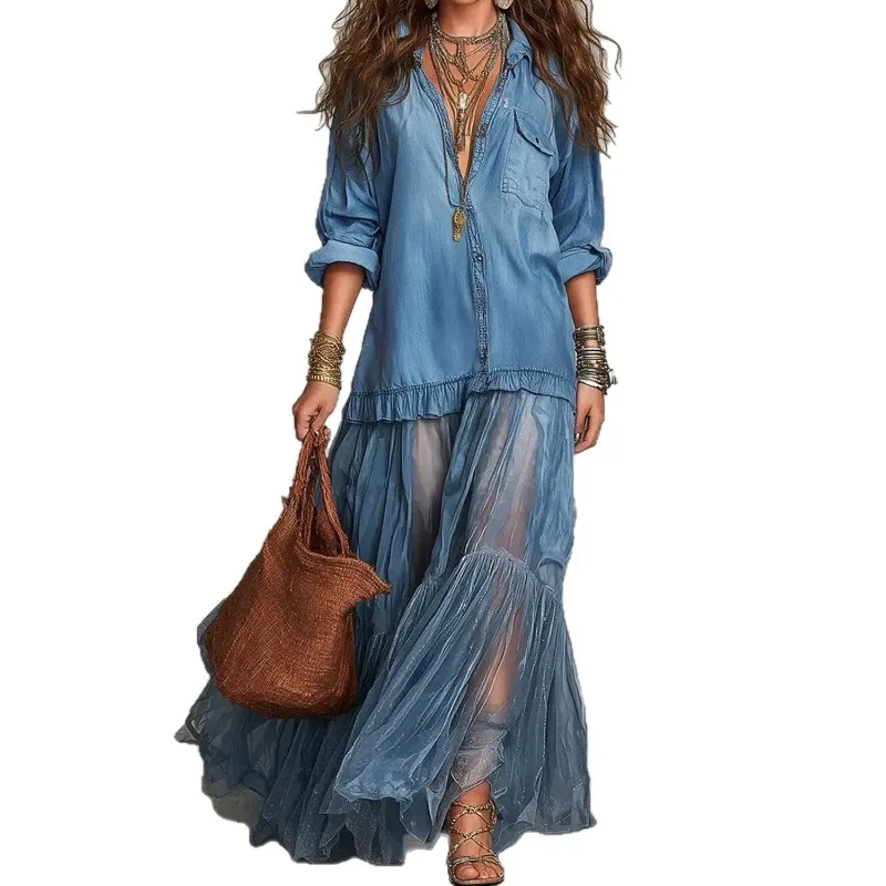 Vestido vaquero bohemio vintage nuevo 2026 para mujer, camisa de manga larga estilo streetwear, top de malla transparente con volantes, vestidos maxi a juego para fiesta o vacaciones