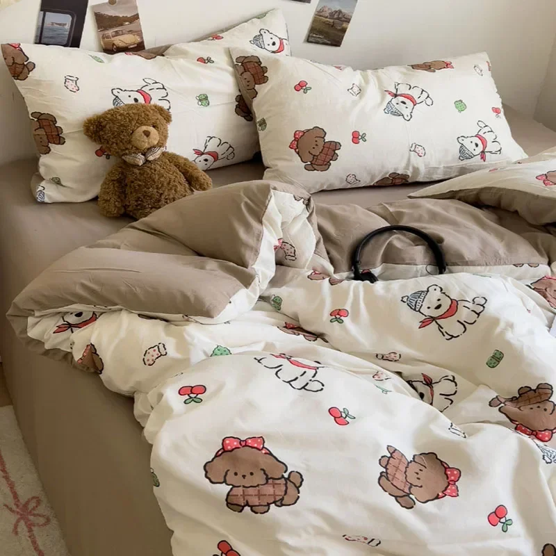 A-Class Washed Cotton Printed Comforter Set 4Pcs Cartoon Style Nude Bed Sheet Bedding Set Lightweight Breathable Duvet Kits
