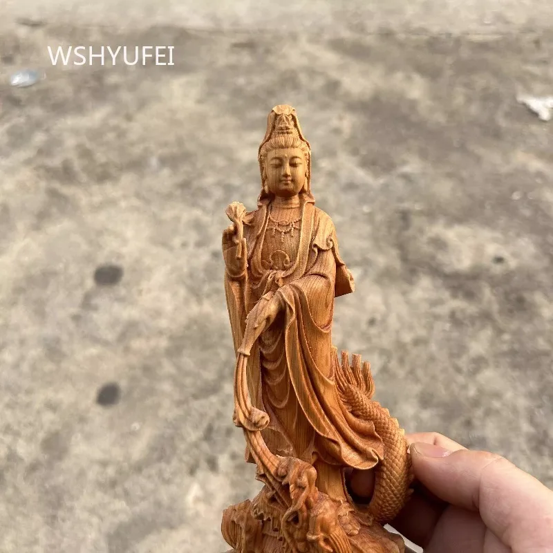 Cliff Cypress Wood Carving Guanyin Bodhisattva Ornament Hand Carved Character Crafts Home Living Room Solid Wood Decoration