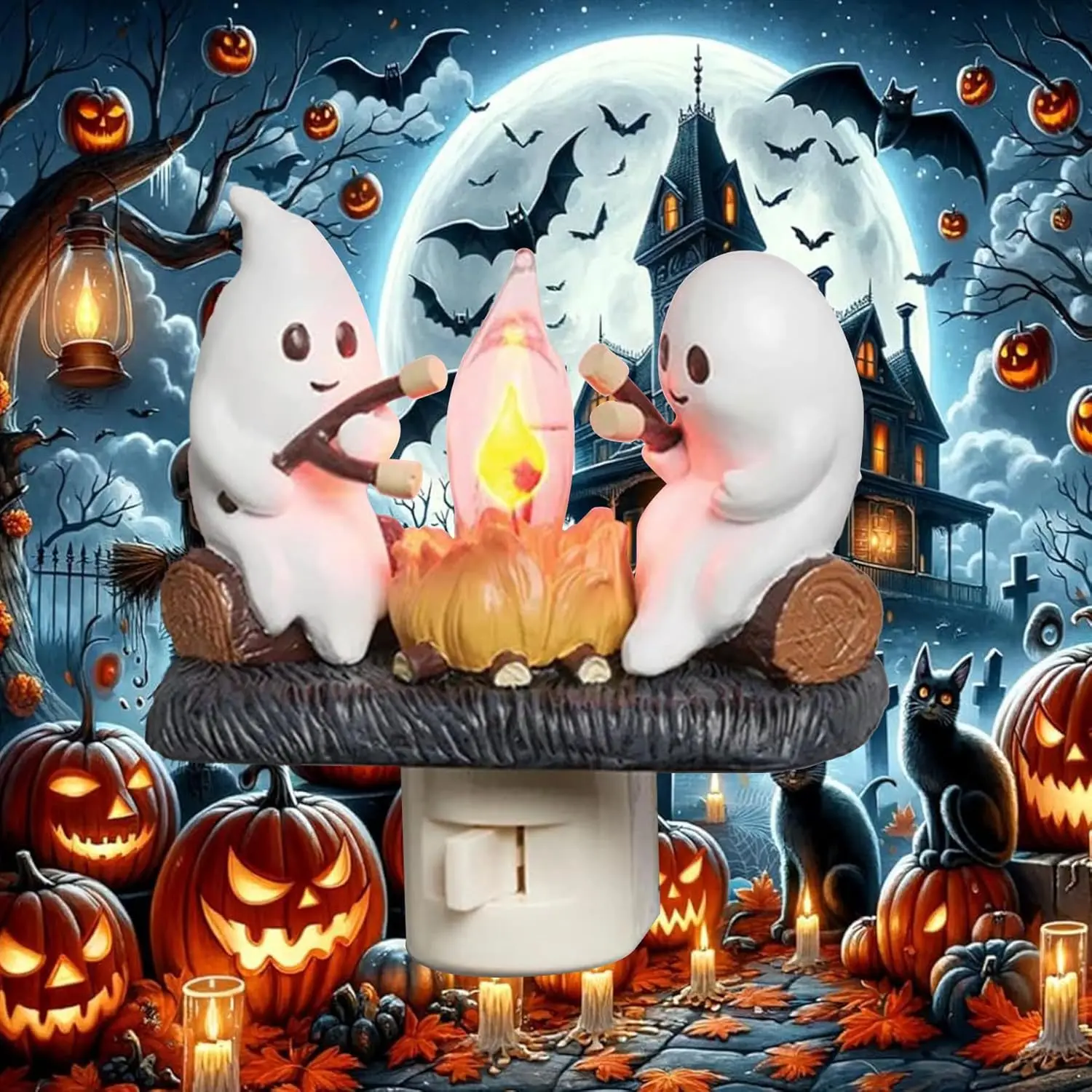 

2024 Ghost Campfire Flickering Halloween Nightlight Spooky Fake Camp Fire Flameless Candle Cute Plug into Wall Decorative Room