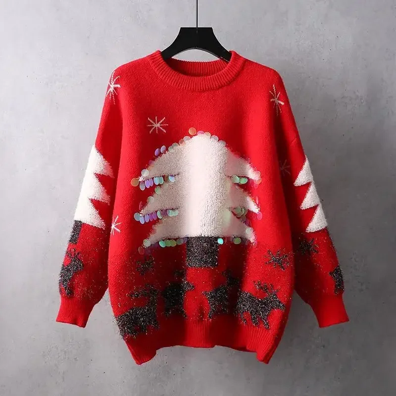 

Women's Sweater 2024 Christmas Red Pullover Design Sense Loose Sequin Fawn Winter New Fashion Casual Long Sleeved