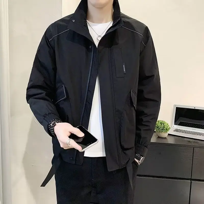 

Белая свободная мужская куртка на весну и осень, молодежная модная рабочая одежда, пальто-стойка, длинная застежка-молния, чистый цвет
